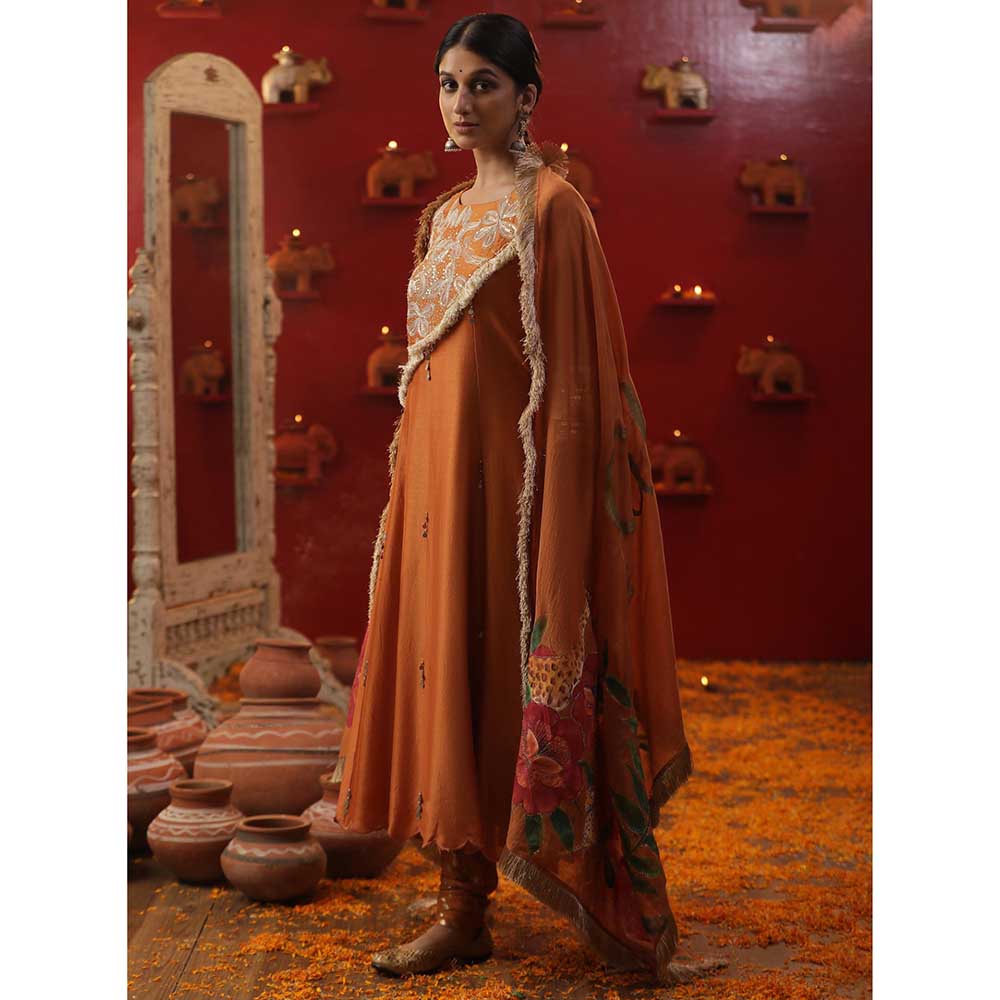 Arpita Sulakshana Burnt Orange Handpainted Kurta with Pant and Dupatta (Set of 3)