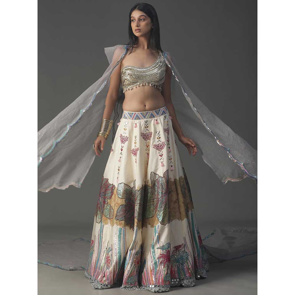 Arpita Sulakshana Ivory Floral Handpainted Lehenga with Blouse and Cape (Set of 3)