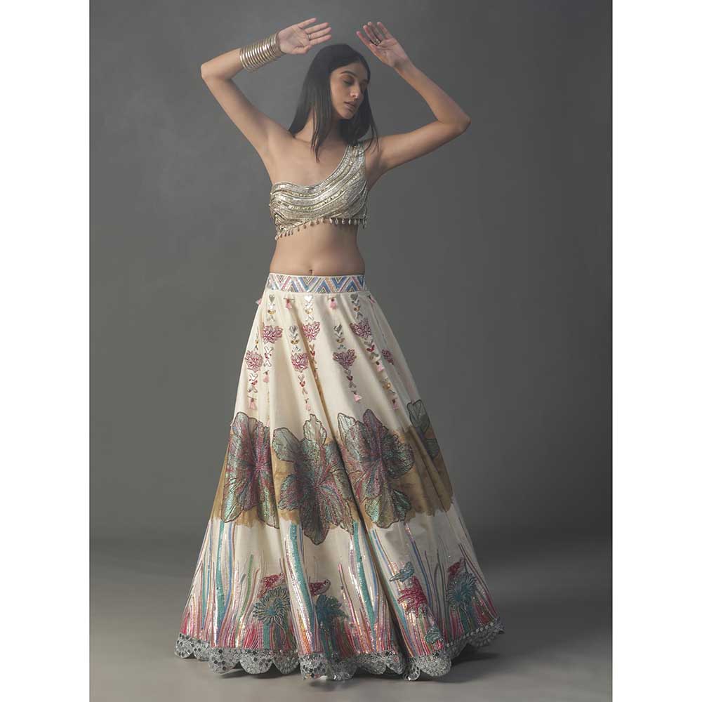 Arpita Sulakshana Ivory Floral Handpainted Lehenga with Blouse and Cape (Set of 3)