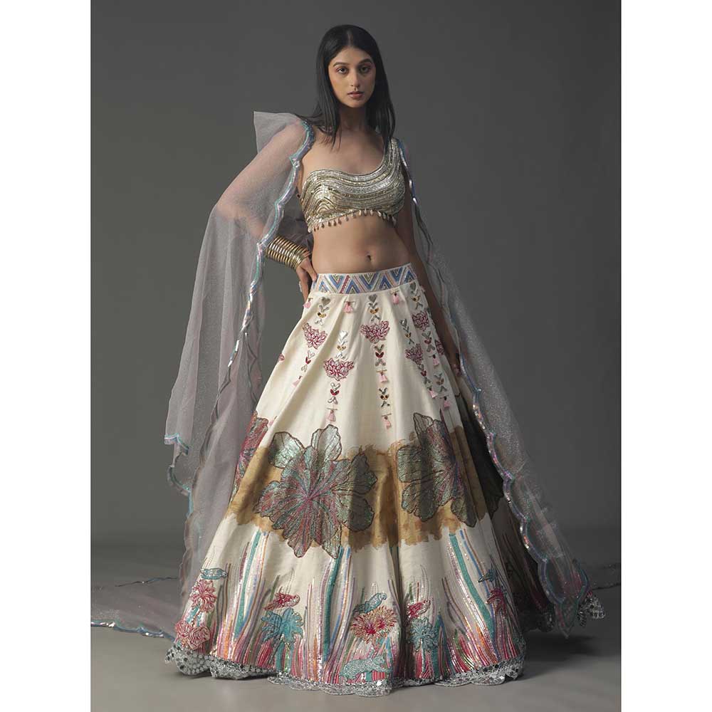 Arpita Sulakshana Ivory Floral Handpainted Lehenga with Blouse and Cape (Set of 3)