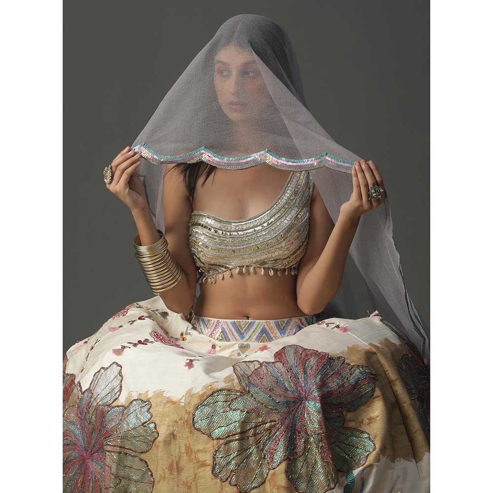 Arpita Sulakshana Ivory Floral Handpainted Lehenga with Blouse and Cape (Set of 3)