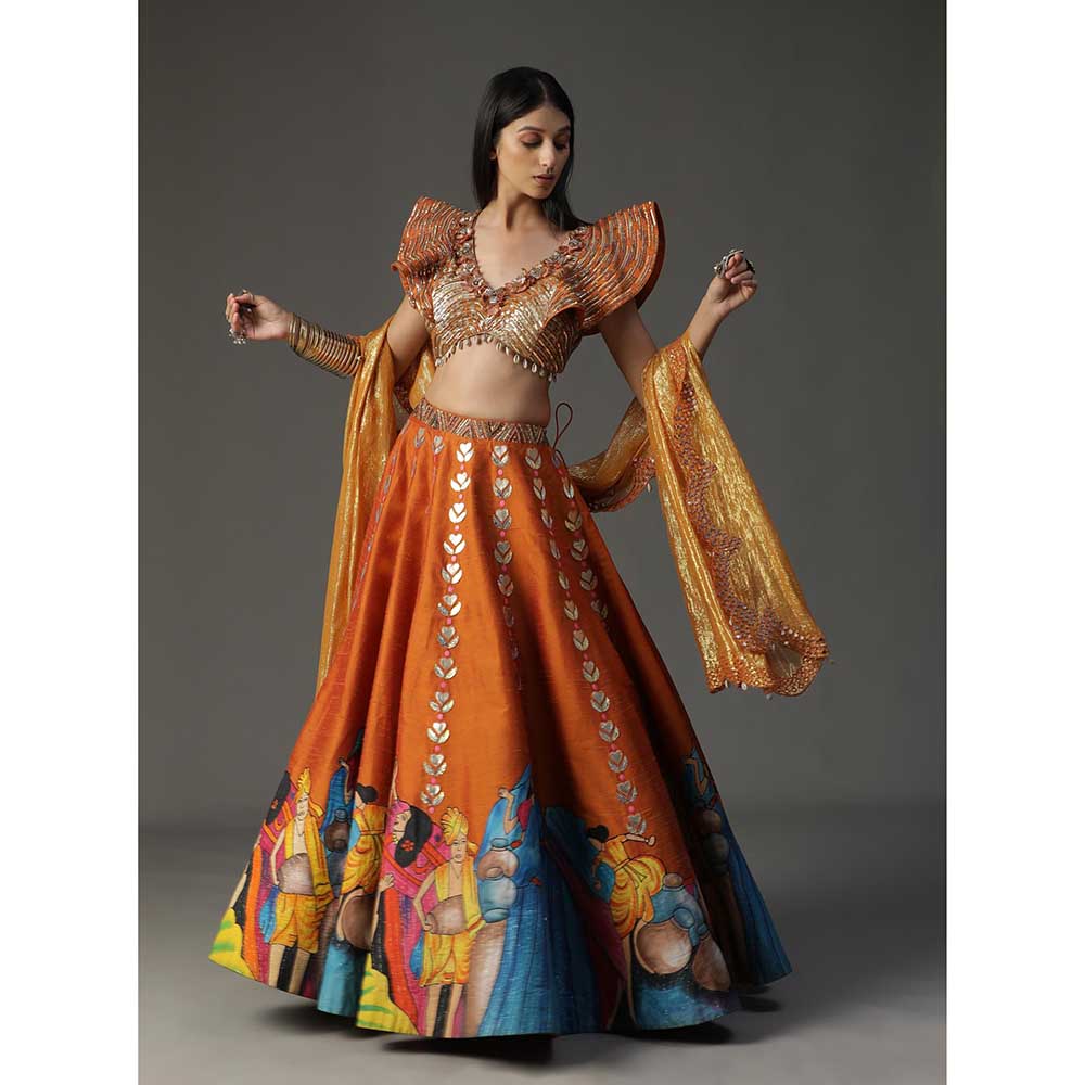Arpita Sulakshana Orange Handpainted Lehenga with Blouse and Dupatta (Set of 3)