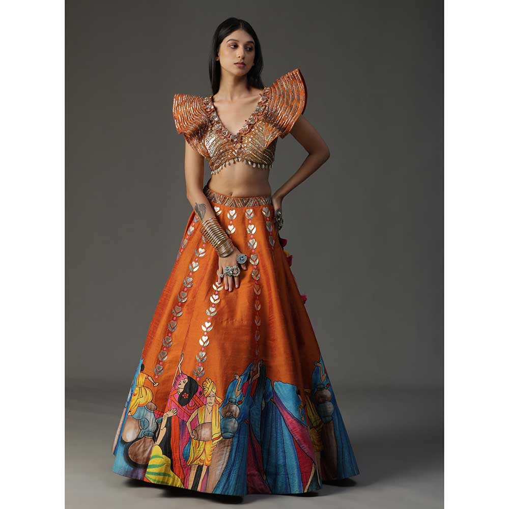 Arpita Sulakshana Orange Handpainted Lehenga with Blouse and Dupatta (Set of 3)
