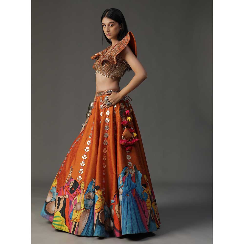 Arpita Sulakshana Orange Handpainted Lehenga with Blouse and Dupatta (Set of 3)