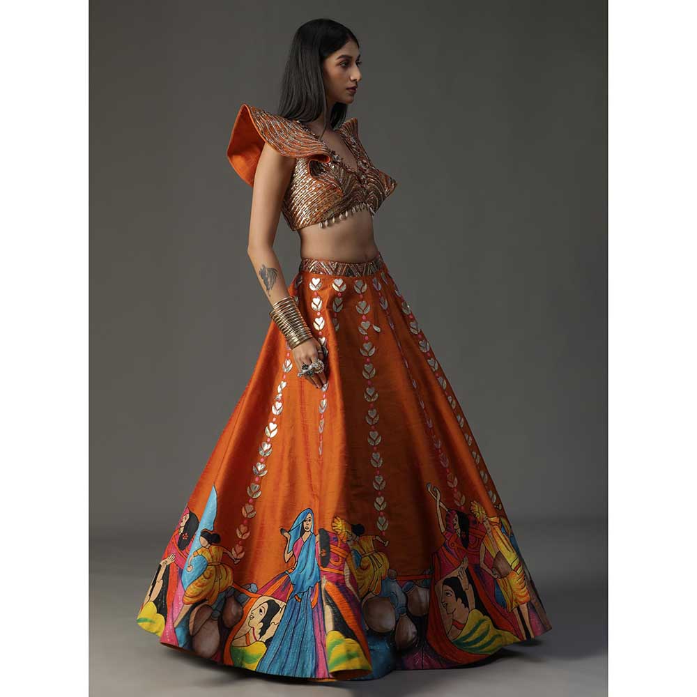 Arpita Sulakshana Orange Handpainted Lehenga with Blouse and Dupatta (Set of 3)