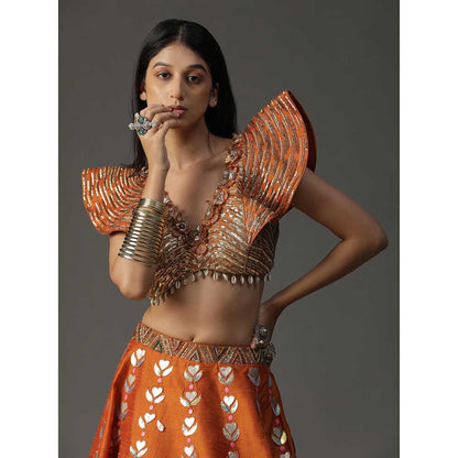 Arpita Sulakshana Orange Handpainted Lehenga with Blouse and Dupatta (Set of 3)