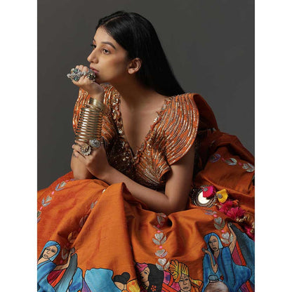 Arpita Sulakshana Orange Handpainted Lehenga with Blouse and Dupatta (Set of 3)