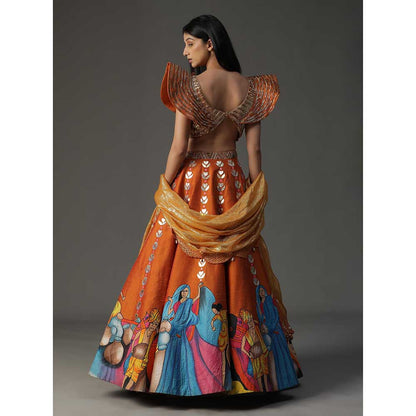Arpita Sulakshana Orange Handpainted Lehenga with Blouse and Dupatta (Set of 3)
