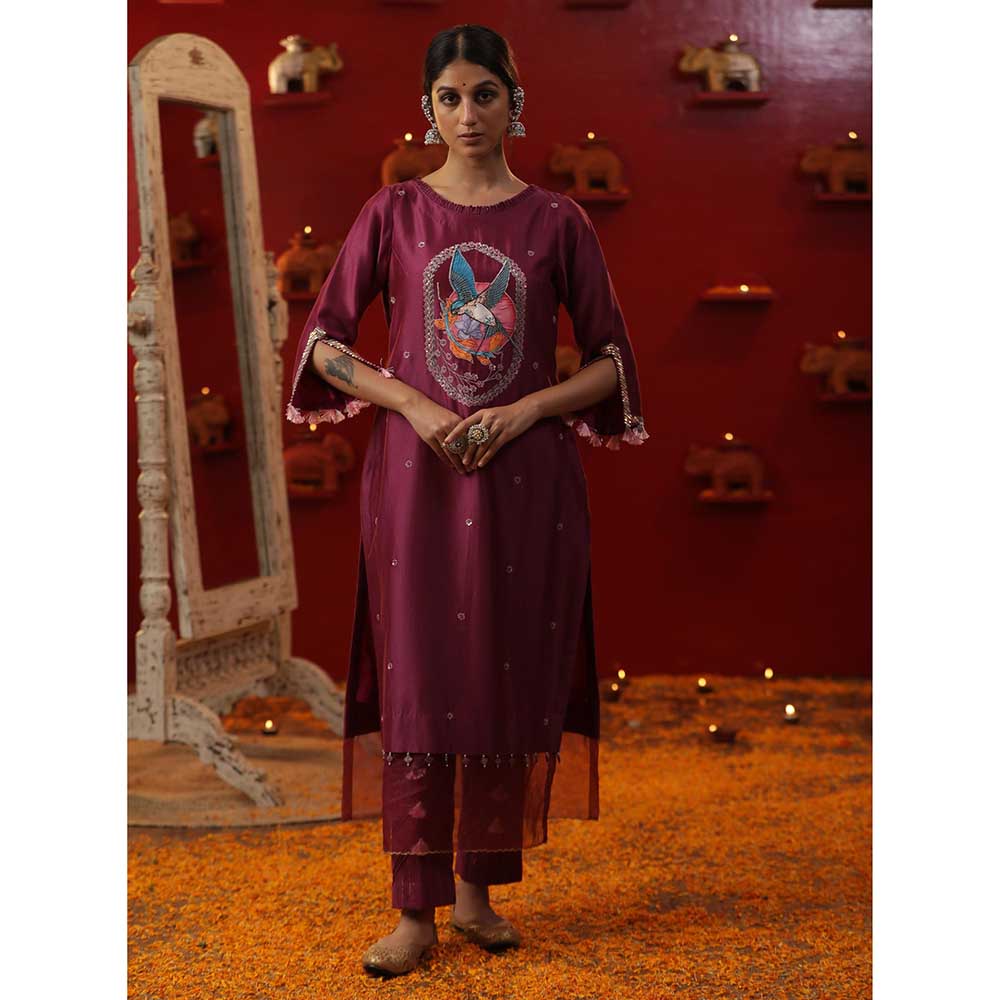 Arpita Sulakshana Purple Bird Handpainted Kurta with Pant and Dupatta (Set of 3)