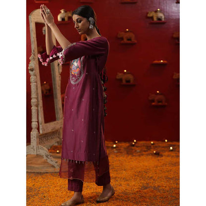 Arpita Sulakshana Purple Bird Handpainted Kurta with Pant and Dupatta (Set of 3)