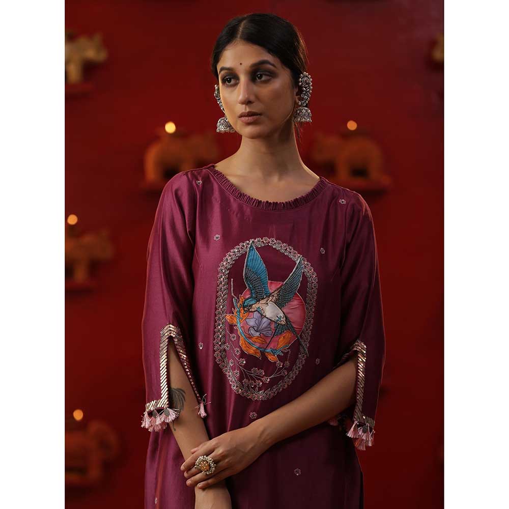 Arpita Sulakshana Purple Bird Handpainted Kurta with Pant and Dupatta (Set of 3)