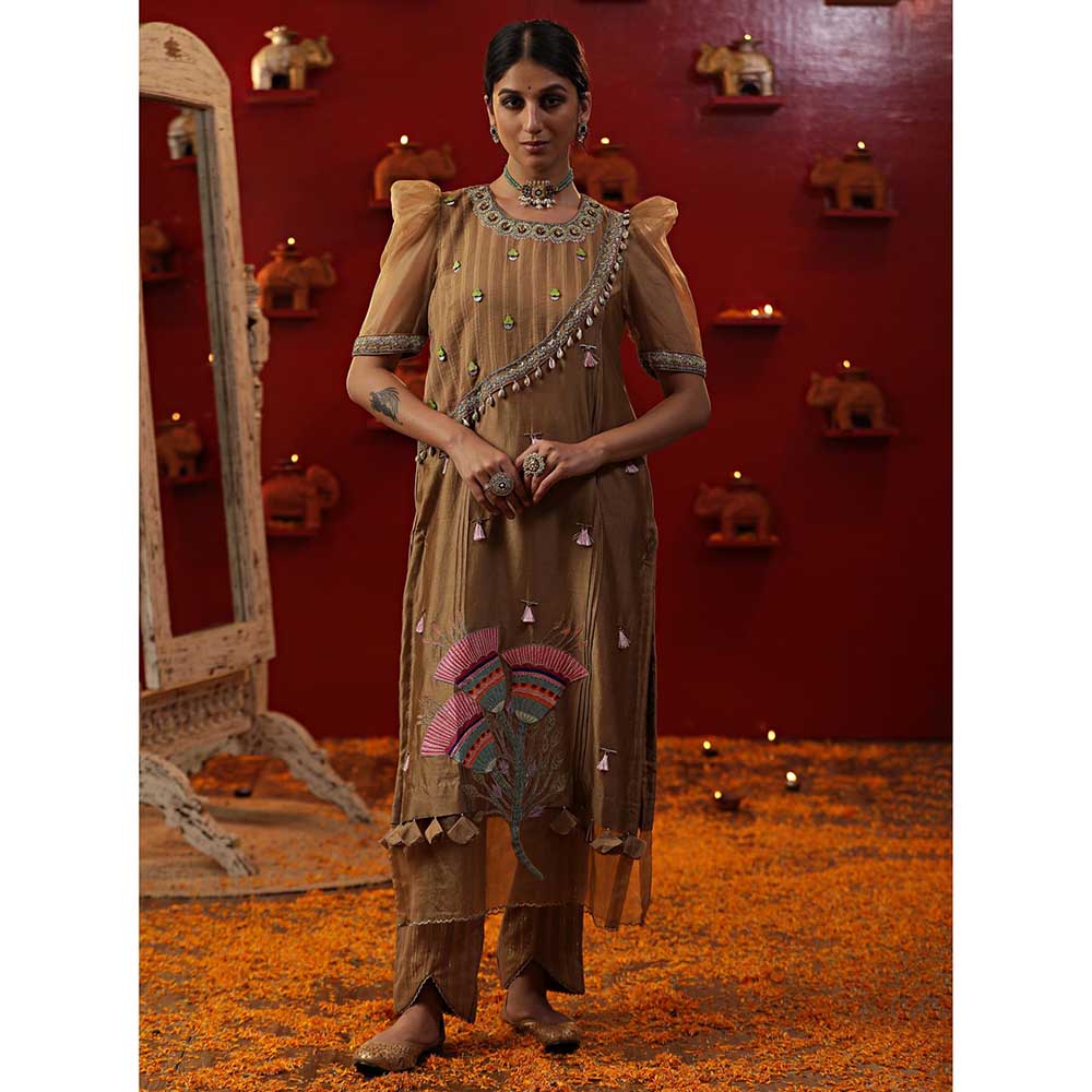 Arpita Sulakshana Gold Bell Handpainted Kurta with Pant and Dupatta (Set of 3)
