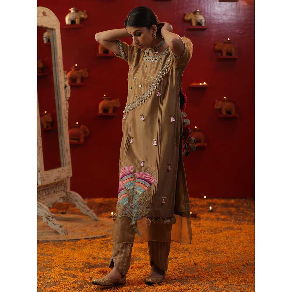 Arpita Sulakshana Gold Bell Handpainted Kurta with Pant and Dupatta (Set of 3)