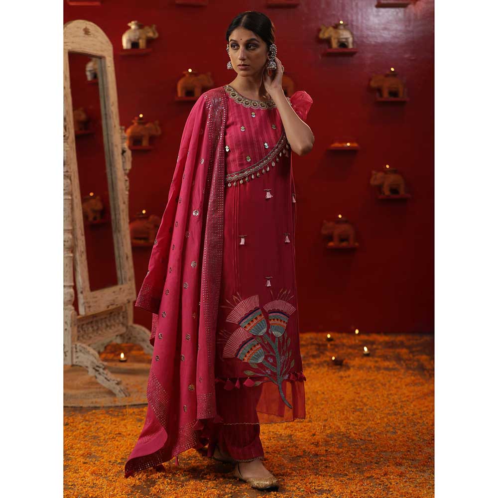 Arpita Sulakshana Pink Bell Handapinted Kurta with Pant and Dupatta (Set of 3)