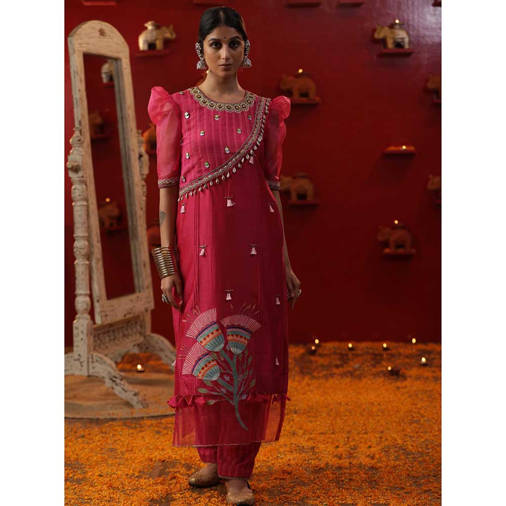 Arpita Sulakshana Pink Bell Handapinted Kurta with Pant and Dupatta (Set of 3)