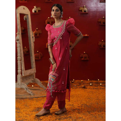 Arpita Sulakshana Pink Bell Handapinted Kurta with Pant and Dupatta (Set of 3)