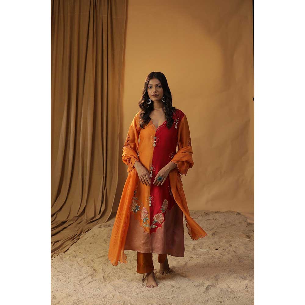 Arpita Sulakshana Orange & Red Handpainted Chanderi Silk Suit (Set of 3)