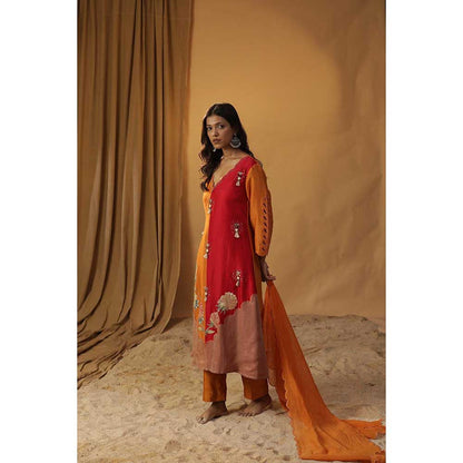 Arpita Sulakshana Orange & Red Handpainted Chanderi Silk Suit (Set of 3)