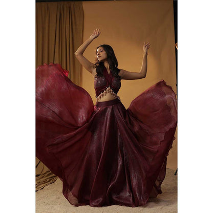 Arpita Sulakshana Maroon Organza Lehenga Choli (Set of 3)