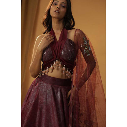 Arpita Sulakshana Maroon Organza Lehenga Choli (Set of 3)