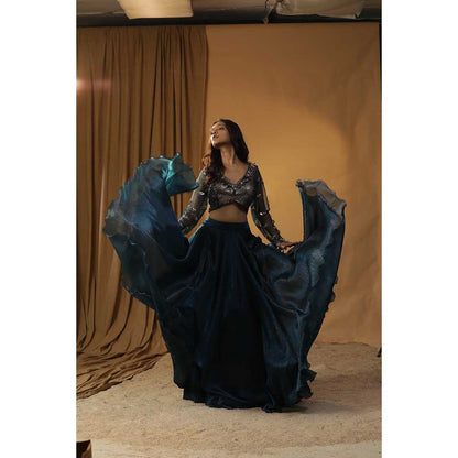 Arpita Sulakshana Navy Blue Organza Lehenga Choli (Set of 3)