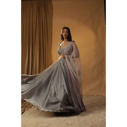 Arpita Sulakshana Grey Organza Lehenga Choli (Set of 3)