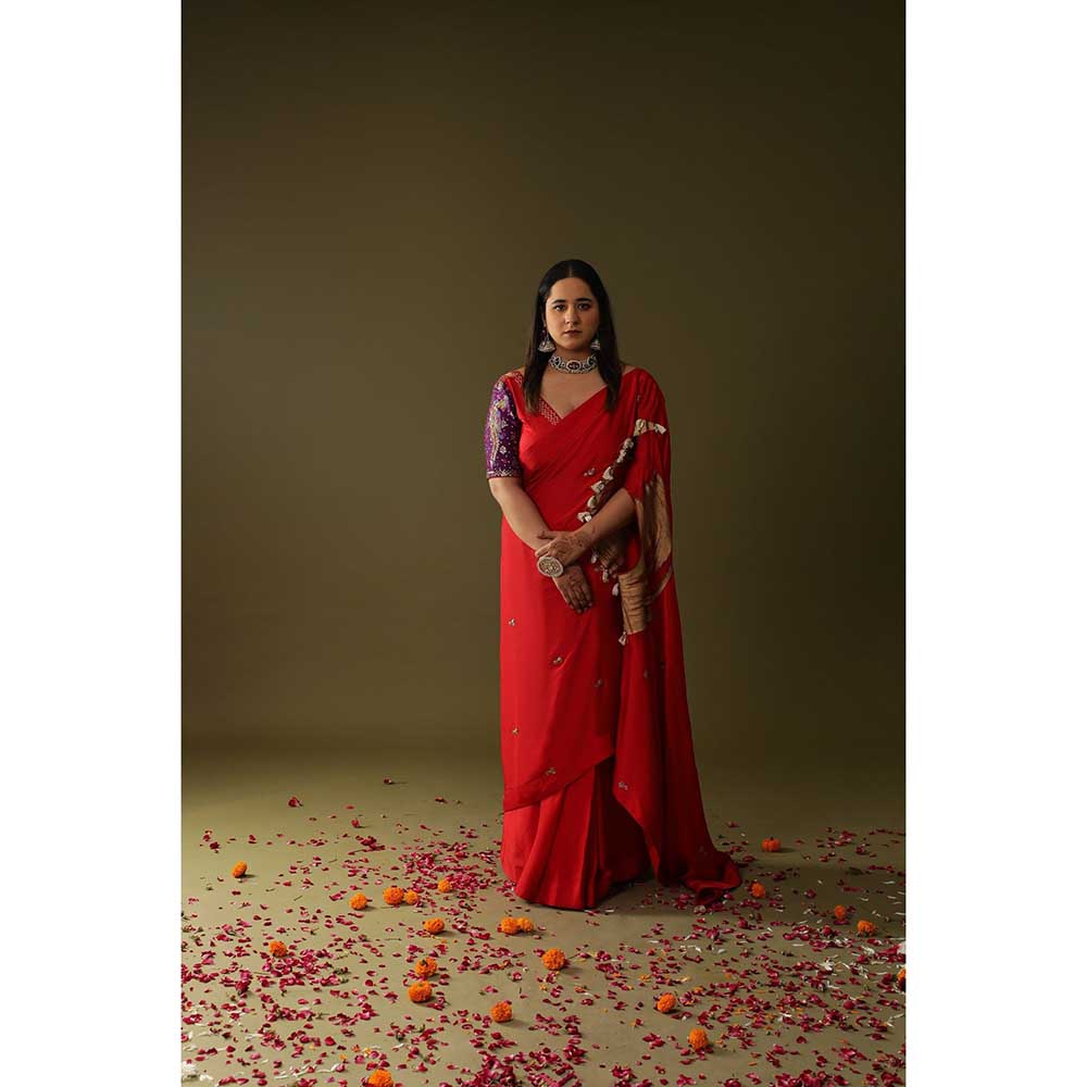 Arpita Sulakshana Red Pre Stitched Blouse Saree with Stitched Blouse