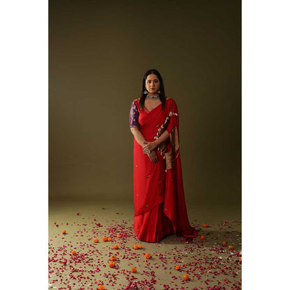 Arpita Sulakshana Red Pre Stitched Blouse Saree with Stitched Blouse