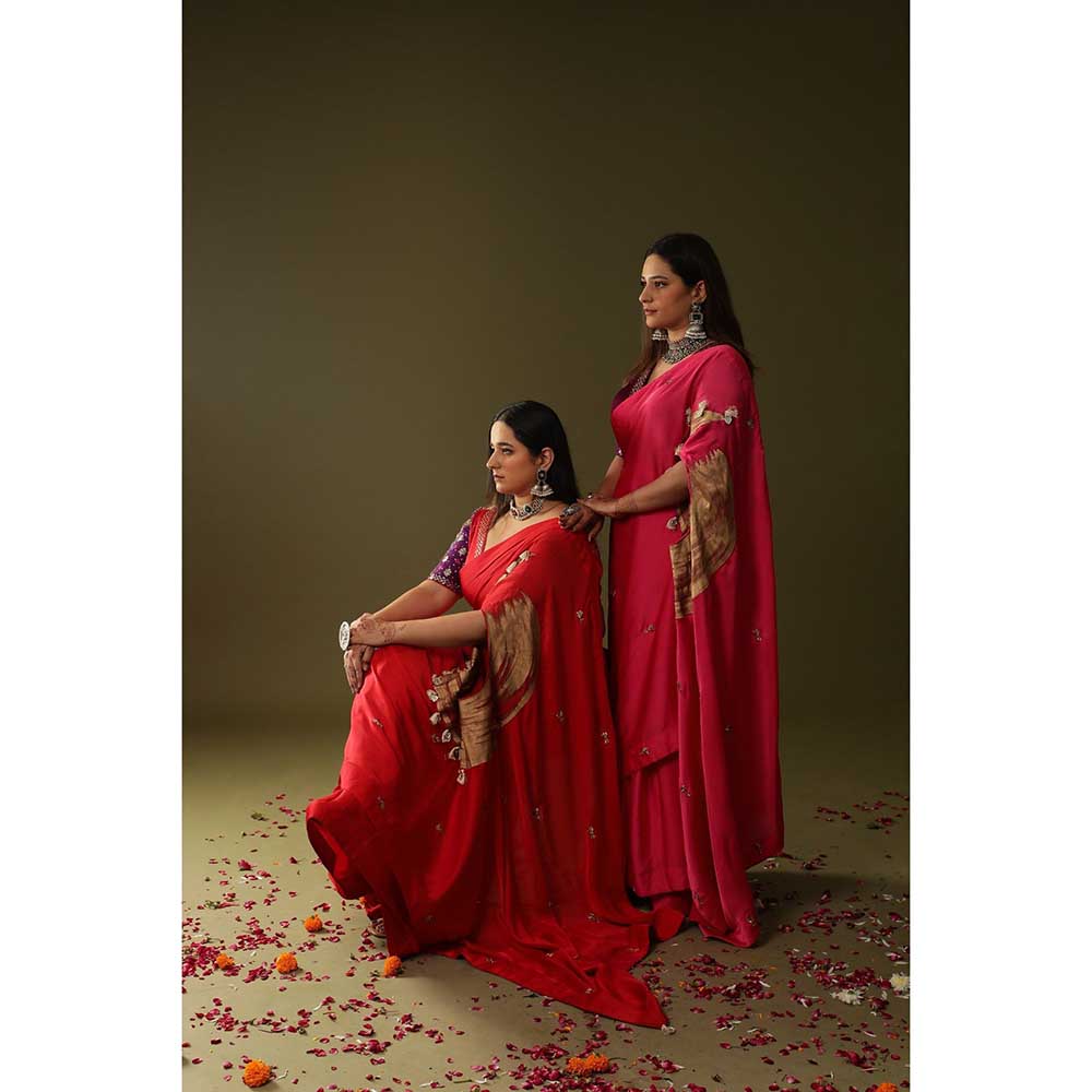 Arpita Sulakshana Red Pre Stitched Blouse Saree with Stitched Blouse