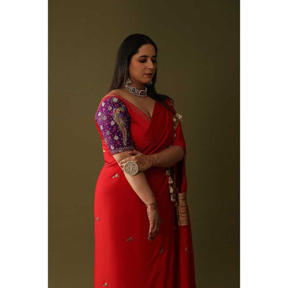 Arpita Sulakshana Red Pre Stitched Blouse Saree with Stitched Blouse
