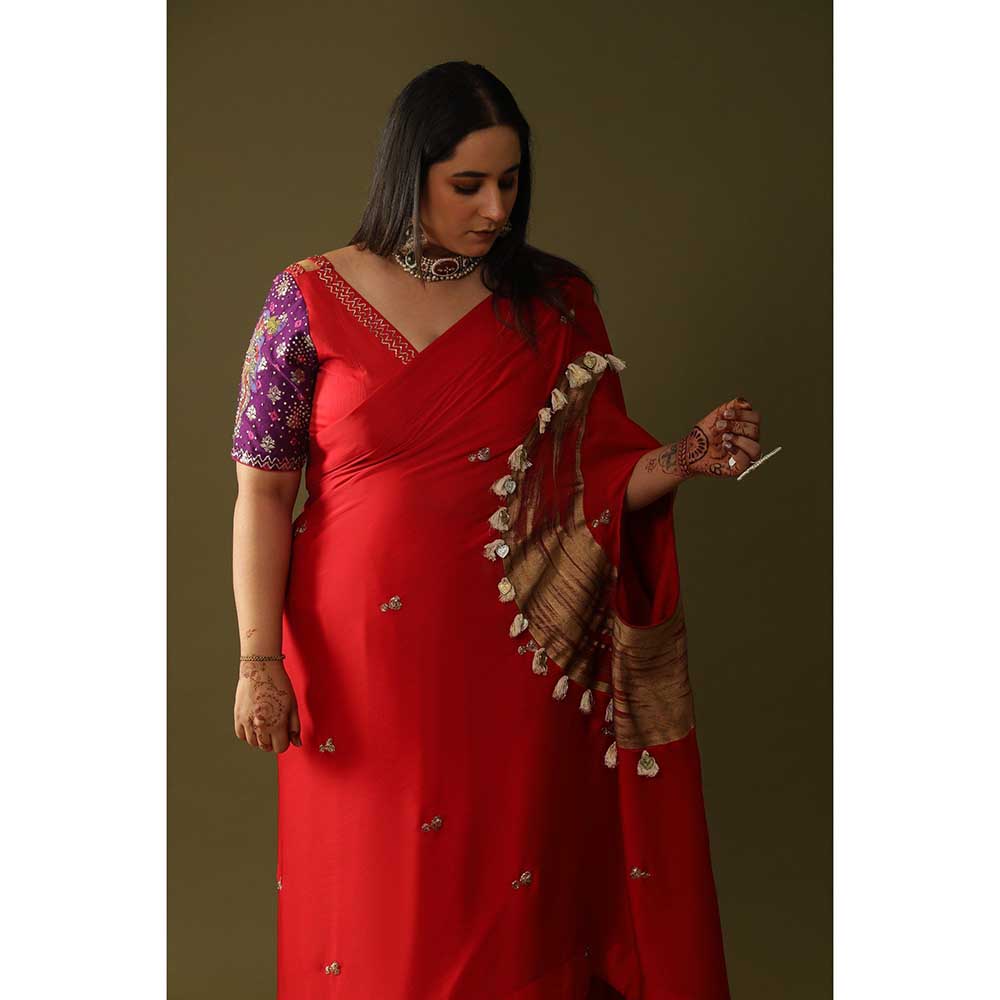 Arpita Sulakshana Red Pre Stitched Blouse Saree with Stitched Blouse
