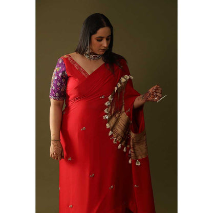 Arpita Sulakshana Red Pre Stitched Blouse Saree with Stitched Blouse