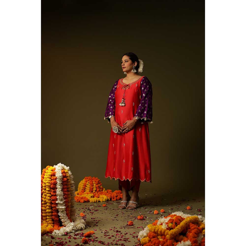 Arpita Sulakshana Red Sakhi Hand Painted Kurta with Pant and Dupatta (Set of 3)