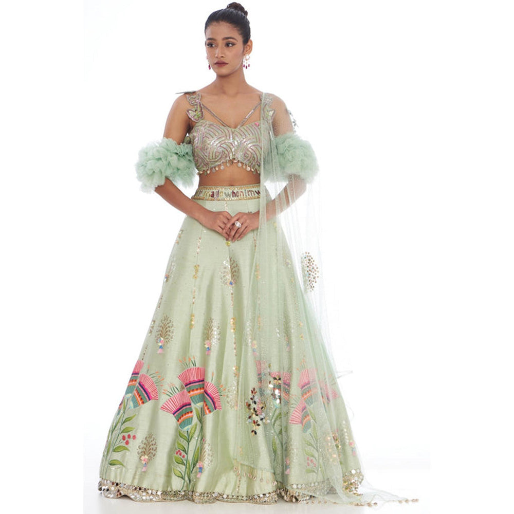 Arpita Sulakshana Sea Green Bell Hand Painted Lehenga with Blouse and Dupatta