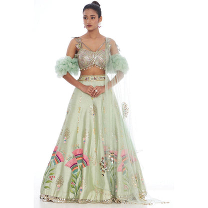 Arpita Sulakshana Sea Green Bell Hand Painted Lehenga with Blouse and Dupatta