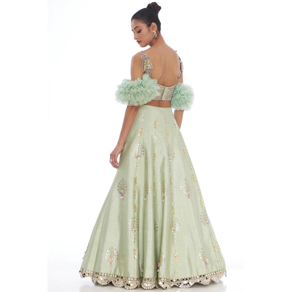 Arpita Sulakshana Sea Green Bell Hand Painted Lehenga with Blouse and Dupatta