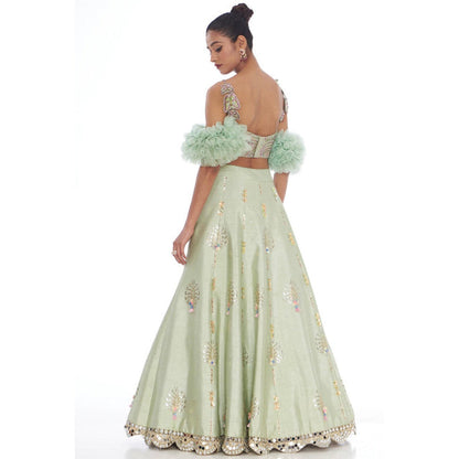 Arpita Sulakshana Sea Green Bell Hand Painted Lehenga with Blouse and Dupatta
