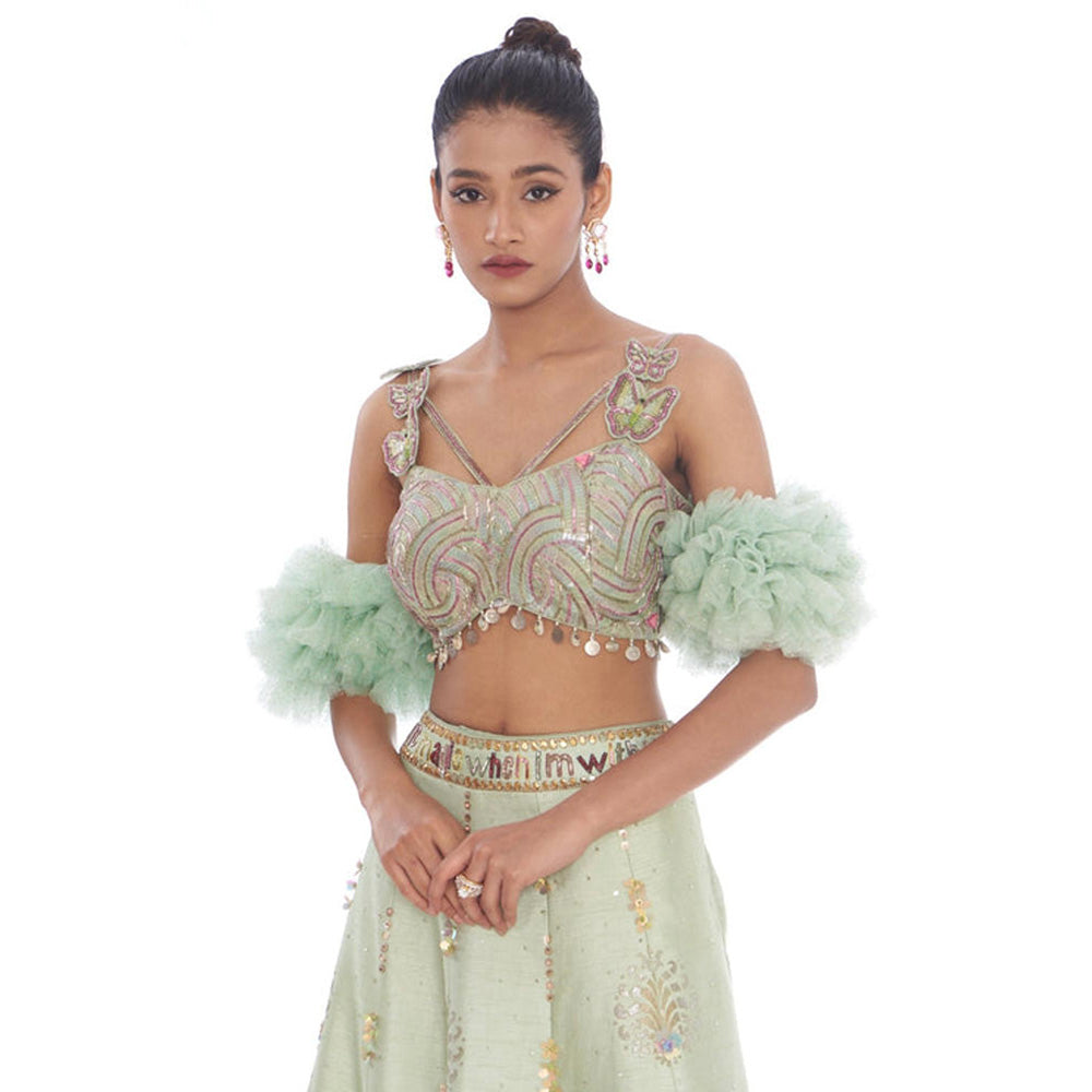 Arpita Sulakshana Sea Green Bell Hand Painted Lehenga with Blouse and Dupatta