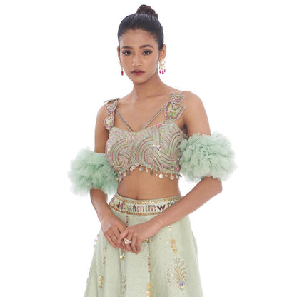 Arpita Sulakshana Sea Green Bell Hand Painted Lehenga with Blouse and Dupatta