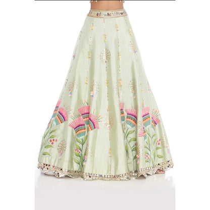 Arpita Sulakshana Sea Green Bell Hand Painted Lehenga with Blouse and Dupatta