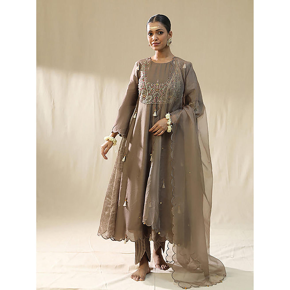 Arpita Sulakshana Mocha Ambi A Line Kurta And Pant With Dupatta Set ,Dori Zardozi Resham