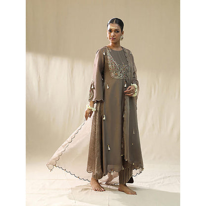Arpita Sulakshana Mocha Ambi A Line Kurta And Pant With Dupatta Set ,Dori Zardozi Resham