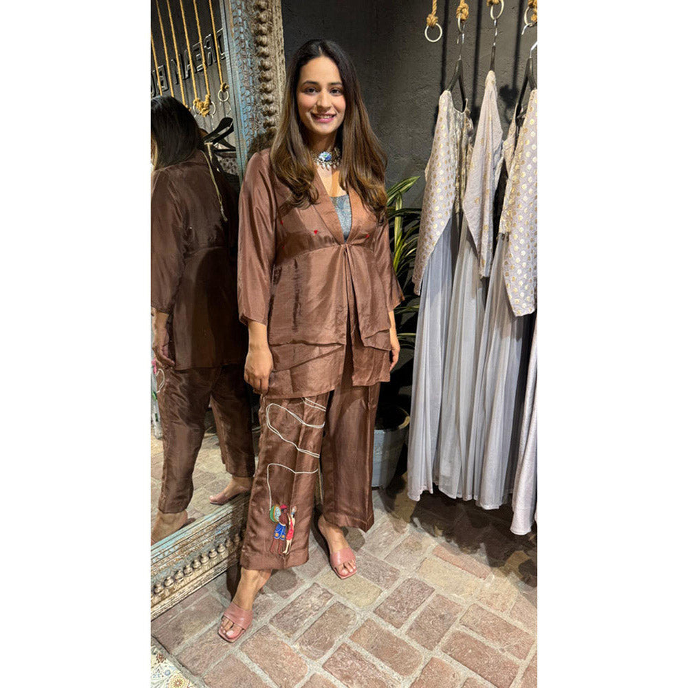 Arpita Sulakshana Brown Jacket Hand painted Buster Top With Trousers Co-Ord Set