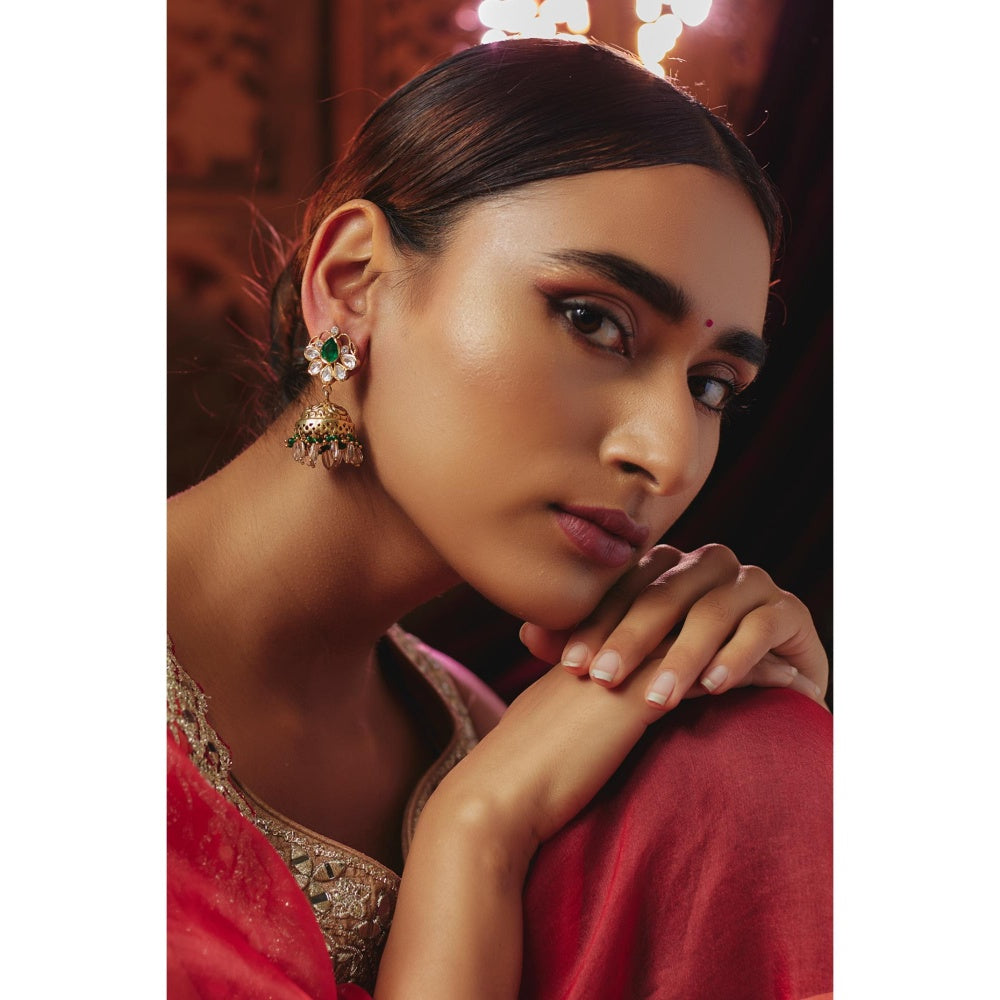 KARISA DESIGNS Sukhi Nakshi Moissanite Jhumkas with Beads And Stones