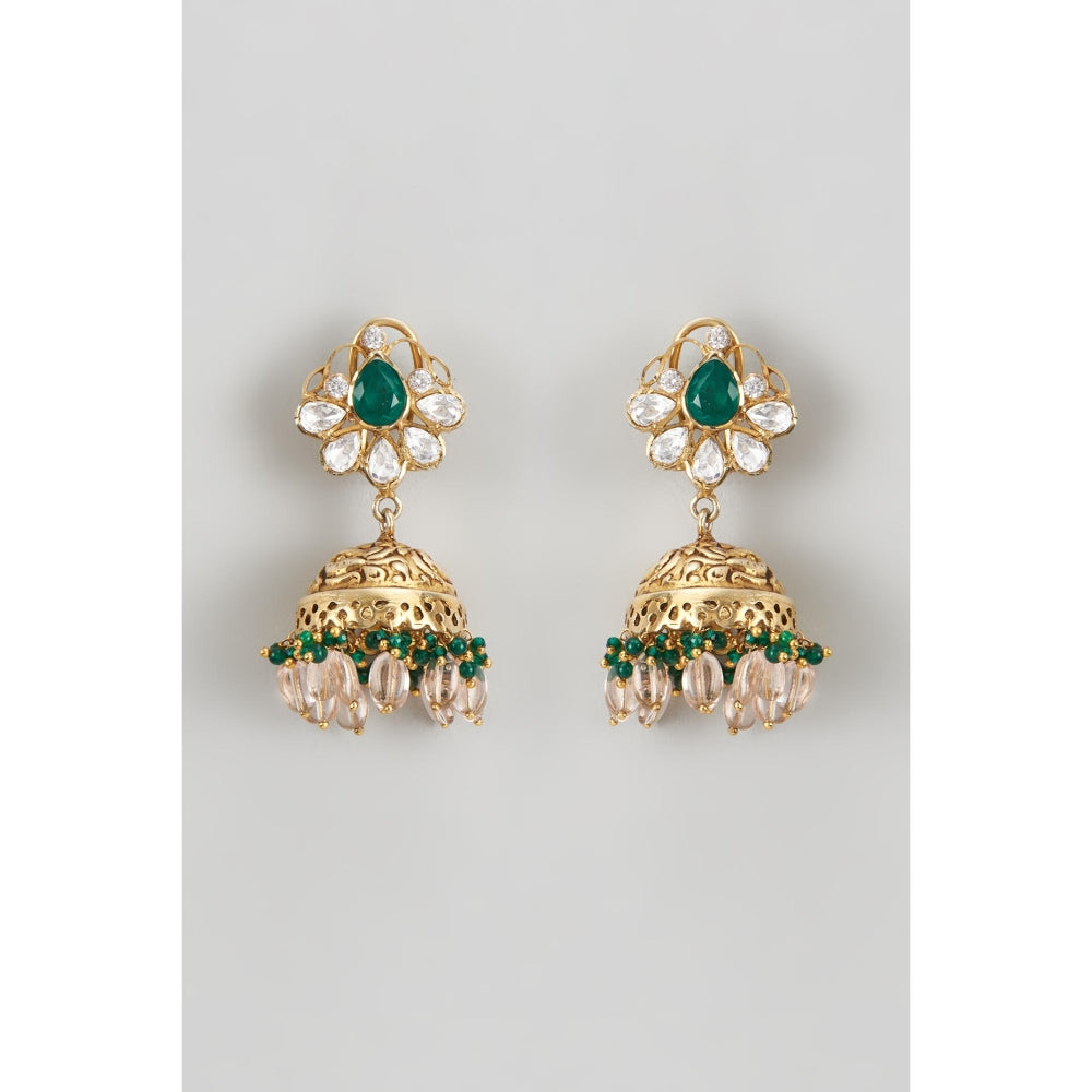 KARISA DESIGNS Sukhi Nakshi Moissanite Jhumkas with Beads And Stones
