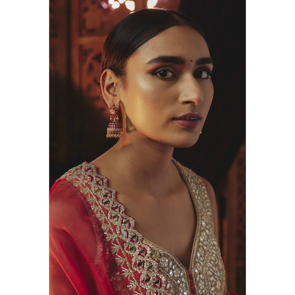 KARISA DESIGNS Red Loka Kundan Beads Jhumkas