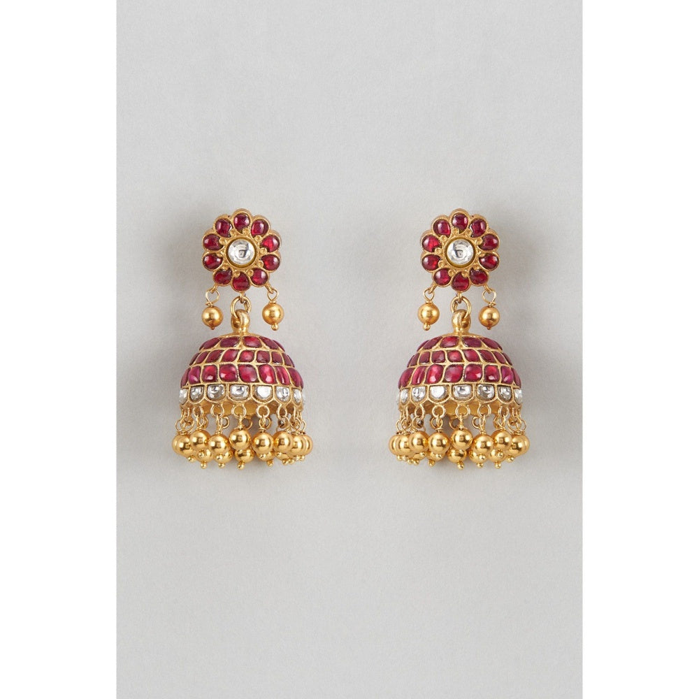 KARISA DESIGNS Red Loka Kundan Beads Jhumkas