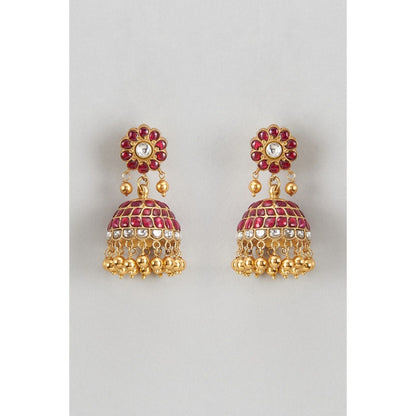 KARISA DESIGNS Red Loka Kundan Beads Jhumkas