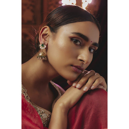 KARISA DESIGNS Green Sukhi Nakshi Beads And Stones Moissanite Jhumkas