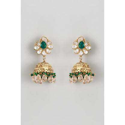KARISA DESIGNS Green Sukhi Nakshi Beads And Stones Moissanite Jhumkas